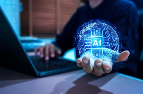 Glowing digital tech AI globe in businessperson hands. Human control, AI ad.. Stock Photos