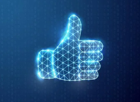 Glowing digital thumbs up gesture with binary code background. Tech approval and Stock Illustration
