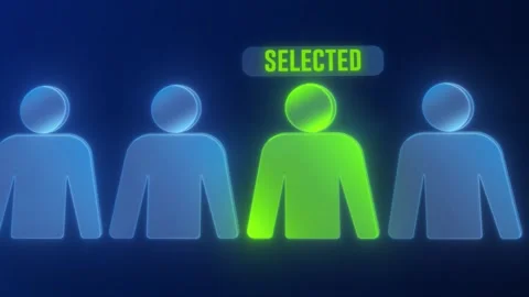 Glowing Digital User Avatars Scrolling in Line with Selected Candidate. Stock Footage 341658275