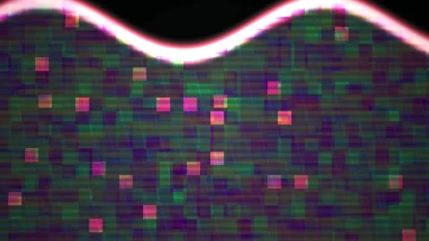 Glowing digital wave pattern with pink and green pixels on black background. Stock Footage 335516608