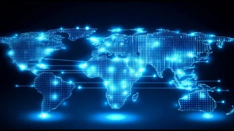 Glowing Digital World Map  Abstract Futuristic Technology Network Visualization Stock Footage 299603467