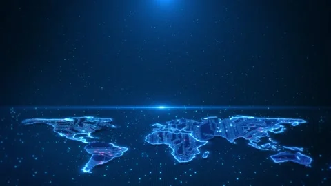 Glowing digital world map circuit connections global data flow across blue backg 스톡 동영상 342783988