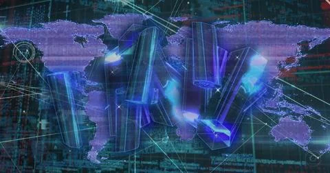 Glowing digital world map grid showing analytics on dashboard, with translucent Foto stock