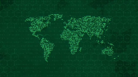 Glowing digital world map pulses with binary data streams against a dark green Stock-Footage 347274855