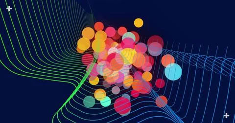 Glowing disc cluster overlapping on navy, with green grids left, blue grids Stock Illustration