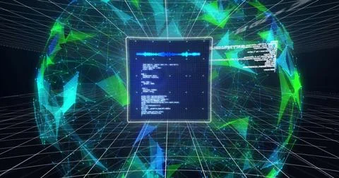 Glowing display panel projecting waveform and code in digital space, with mesh Stockfoto's