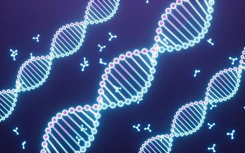 Glowing DNA and molecules, 3d rendering. Stock Illustration