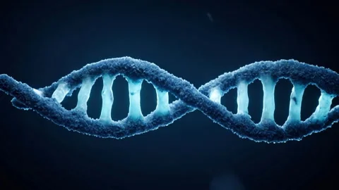 Glowing DNA double helix in blue light with fuzzy textured strands on dark Video stock 338437819