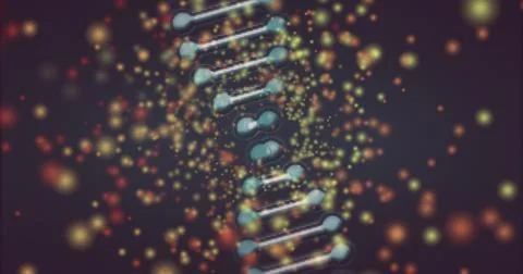 Glowing DNA double helix rotating in dark gradient field, showing pixelated Stock Illustration