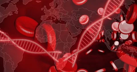 Glowing DNA double helix strands winding diagonally, showing 3D render red blood Stock Footage 329972351
