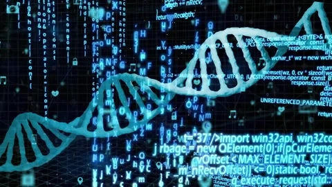 Glowing DNA helix rotating, data feed initiating cascading code and icons around Stock Footage 332468742