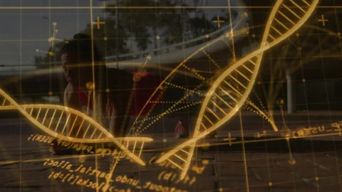 Glowing DNA helix rotating tech code revealing kneeling runner stretching calf Stock Footage 316338567