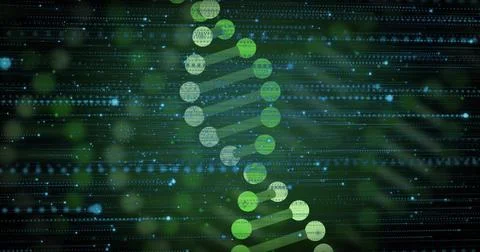Glowing DNA helix spiraling vertically in digital display, showing green nodes, Stock Illustration