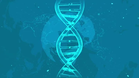 Glowing DNA Strand on Global Digital Map with Futuristic Blue Background Vídeo Stock 343522270