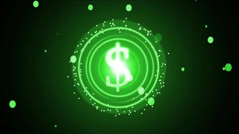 Glowing dollar symbol with circular light rings and floating particles anim.. Video stock 337084531