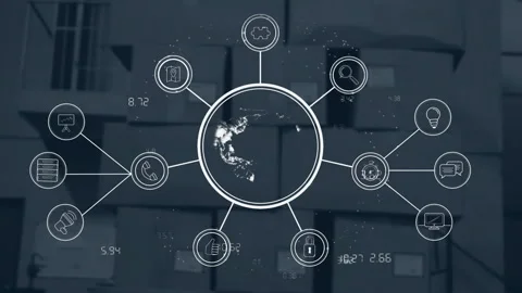 Glowing dot forming circle in warehouse, spinning globe and emitting icons Stock Footage 309686783