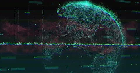 Glowing dot-matrix globe pulsing in digital interface, with waveform, glitch 스톡 일러스트
