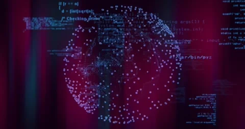 Glowing dot network forming sphere, streaming cyan beams scanning code, Stock Footage 320067983