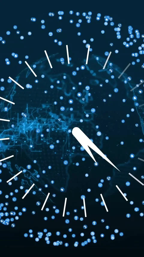 Glowing dots forming digital network pattern on clock face in animation style Stock Footage 319883267