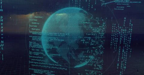 Glowing dotted Earth globe hovering in virtual digital space, with grid plane 스톡 일러스트