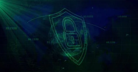 Glowing dotted green shield with padlock icon hovering in cyberspace, showing Stock Illustration
