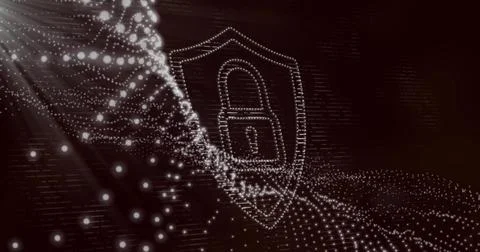 Glowing dotted shield forming in dark matrix, with padlock icon, particle wave Stock Photos