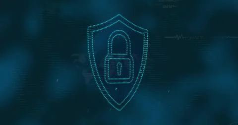 Glowing dotted shield pulsing at center of dark teal gradient, with padlock Stock Illustration