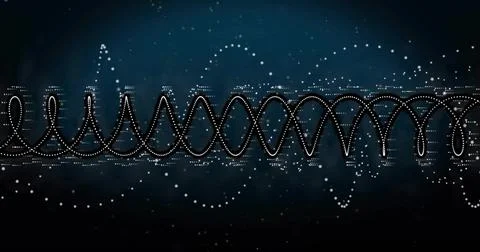 Glowing dotted waveform looping in sine-helix in dark virtual space, with Ilustração Stock