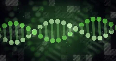 Glowing double-helix moving across dark green gradient, showing green nodes, Stock Illustration