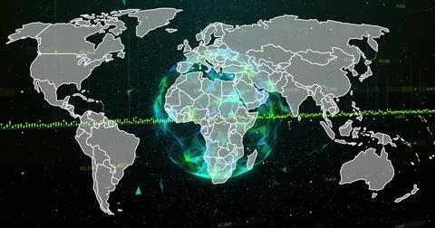 Glowing Earth sphere rotating in interface, with triangular particles map lines Illustrazione stock