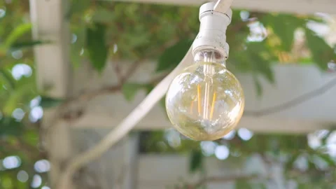 A glowing Edison bulb suspended under a white canopy with foliage in 4k slow Stock Footage 284525650