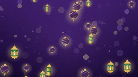 Glowing Eid lanterns floating up through a purple night with bokeh Vídeos de archivo 348339072