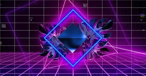 Glowing electric-blue diamond frame with rotated prism floating in retro studio, Illustration
