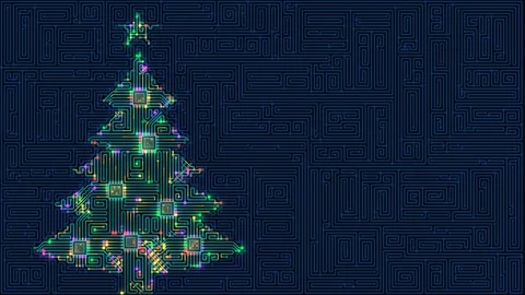 Glowing electronic circuit board Christmas tree against a complex blue Stock Footage 342213340