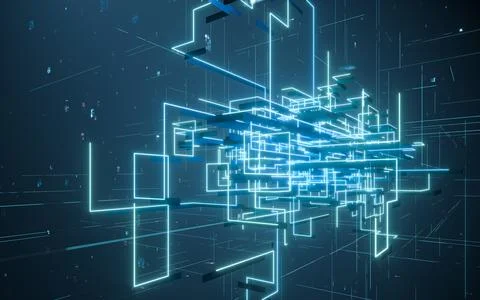 Glowing electronics lines with circuit structure, 3d rendering. Stockillustratie