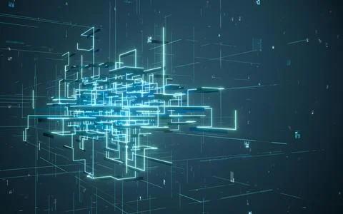 Glowing electronics lines with circuit structure, 3d rendering. Stockillustratie