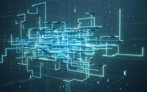 Glowing electronics lines with circuit structure, 3d rendering. Stock Illustration