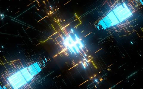 Glowing electronics lines with circuit structure, 3d rendering. イラスト素材