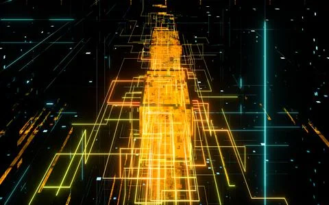 Glowing electronics lines with circuit structure, 3d rendering. Stock Illustration