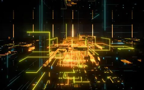 Glowing electronics lines with circuit structure, 3d rendering. イラスト素材
