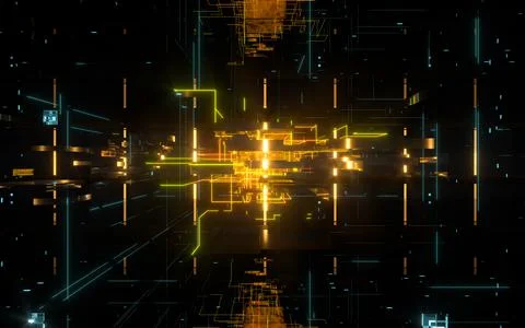 Glowing electronics lines with circuit structure, 3d rendering. Stock Illustration