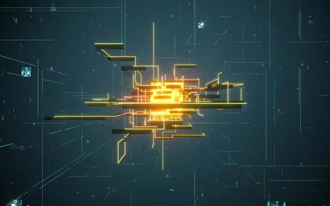 Glowing electronics lines with circuit structure, 3d rendering. Stock Illustration