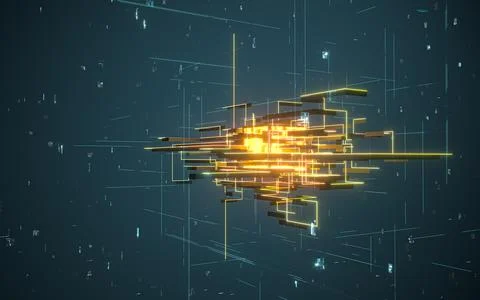 Glowing electronics lines with circuit structure, 3d rendering. Stock Illustration