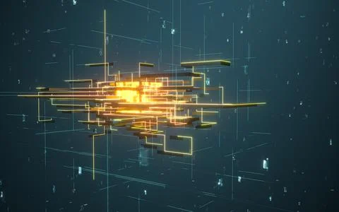 Glowing electronics lines with circuit structure, 3d rendering. Stock Illustration