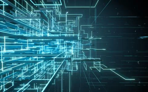 Glowing electronics lines with circuit structure, 3d rendering. Stockillustratie