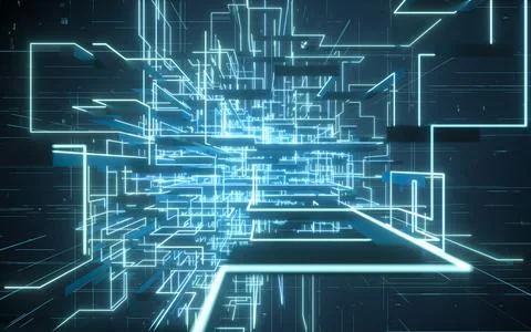 Glowing electronics lines with circuit structure, 3d rendering. イラスト素材