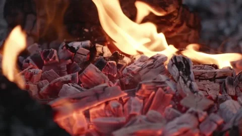 Glowing Ember Bed Radiating Warmth in Fiery Coals Stock Footage 310787613