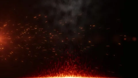 Glowing ember particles rising from intense heat source against deep dark smoky Stock Footage 345213611