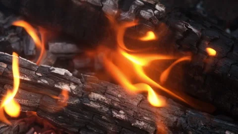 Glowing embers and burning logs with intense orange flames, fiery background Vidéo 343411190