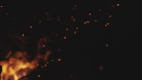 Glowing embers and flickering flames rising from a bonfire in darkness. Stock Footage 337407521